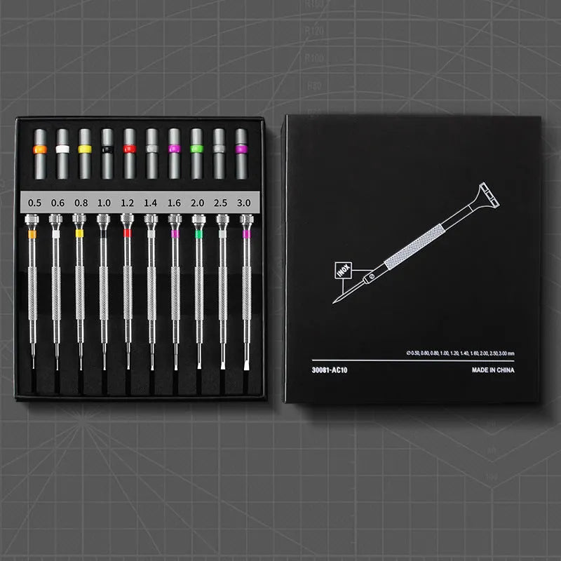 10-piece manual screwdriver set for watch and glasses repair with spare drill bits.