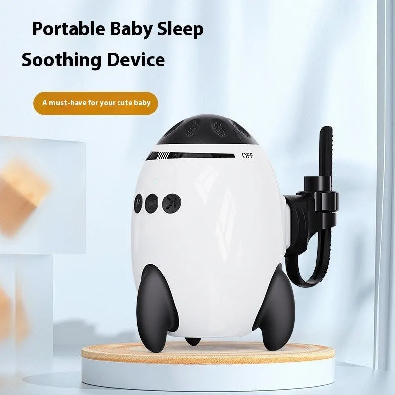 White baby stroller shaking device with automatic motion and Bluetooth for white noise, measuring 12x9.3x8cm