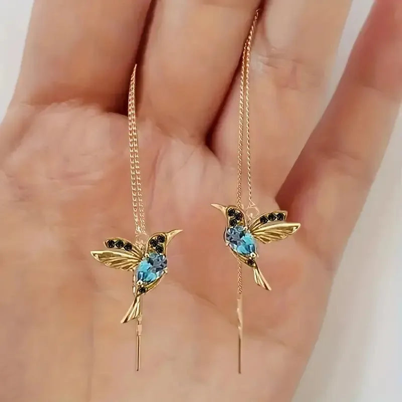 Bird hanging earrings with mixed zirconium wings design in blue, red, and red lvzuan colour options