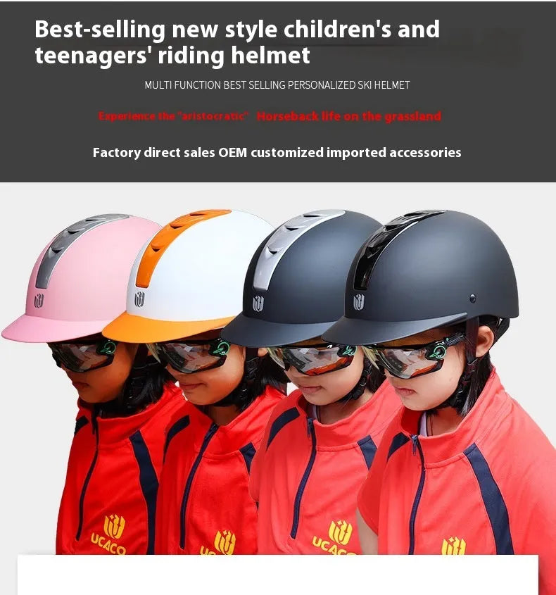 Lightweight equestrian helmet in silver black colour with ABS shell, shown from side view