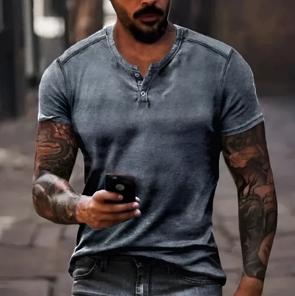 Men's blue short sleeve sports shirt with 3D printed pattern, button front, and lapel.