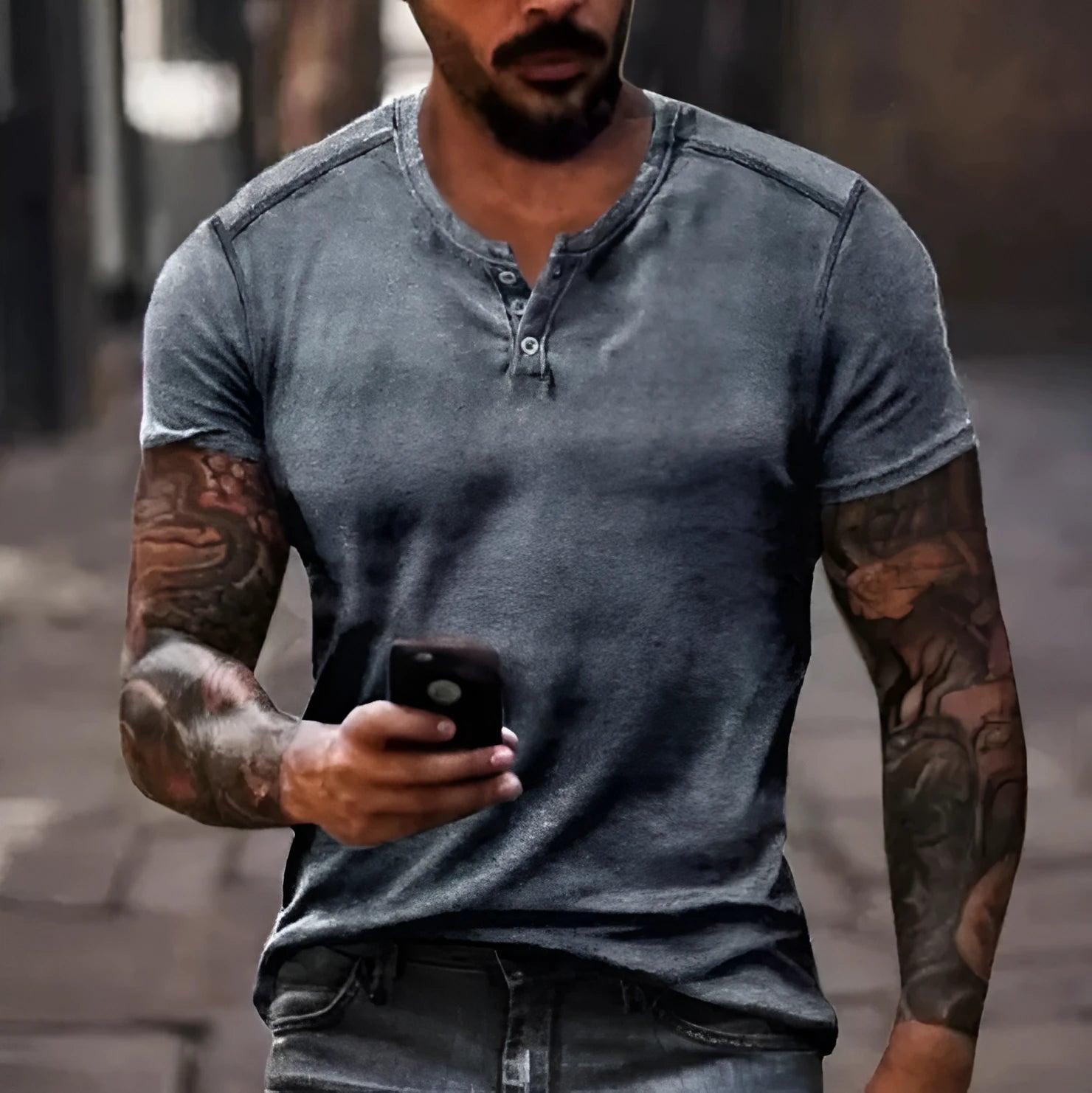 Men's blue short sleeve sports shirt with 3D printed pattern, button front, and lapel.