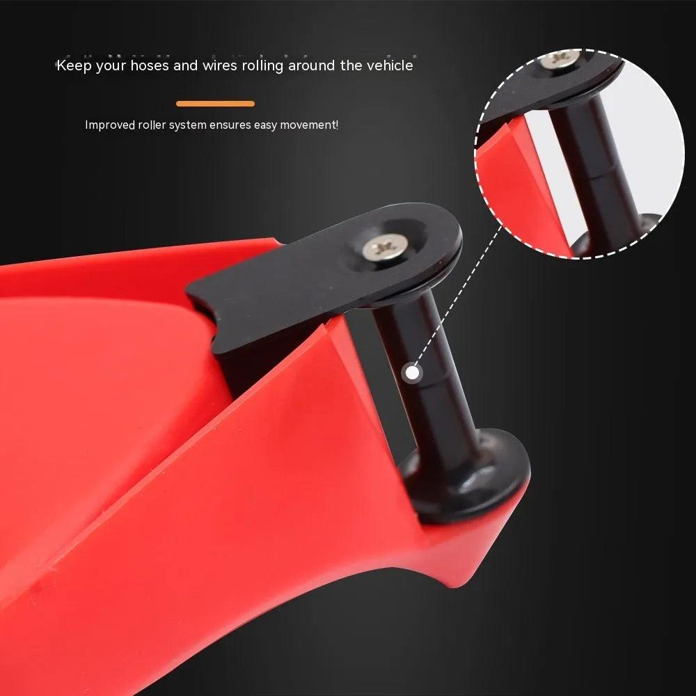 Set of four bright red plastic triangle parking blocks with a non-slip rubber surface.
