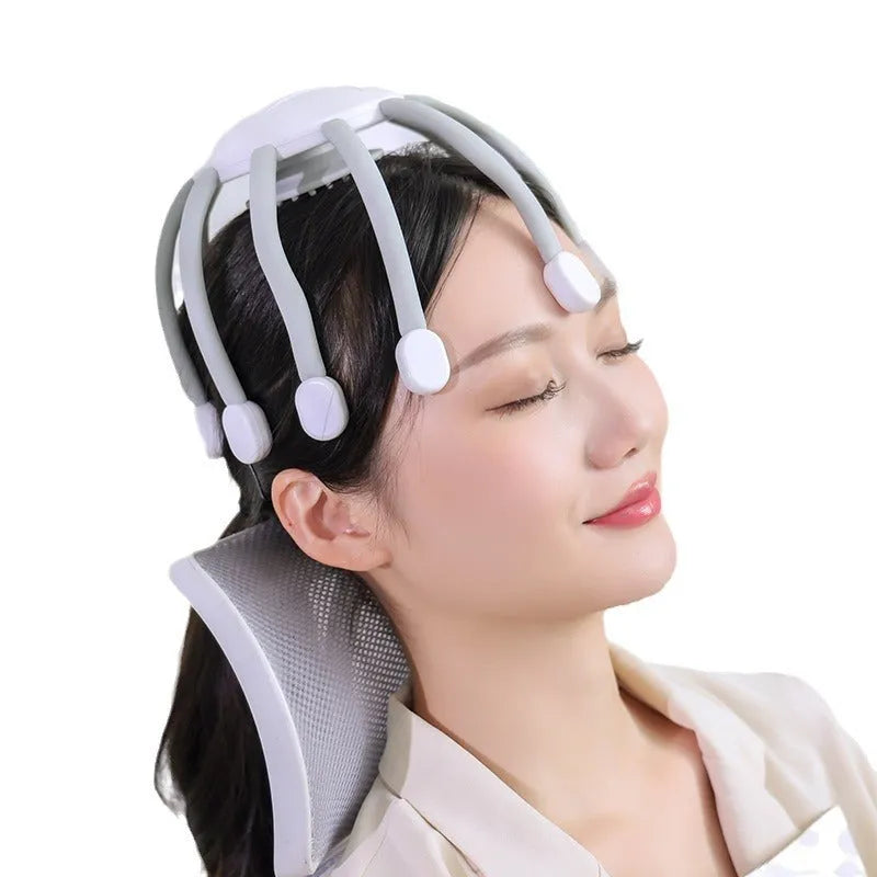 USB head massager with multiple vibrating claws in black or white colour options showing scalp placement