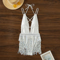 White one-piece swimsuit with deep V-neck, adjustable halter straps, and a long front tassel.
