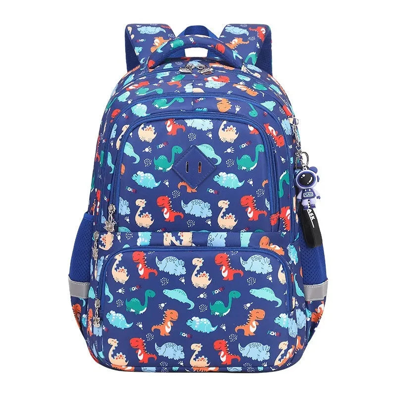 Children's waterproof school backpack with spine protection in sapphire blue dinosaur colour with curved shoulder straps