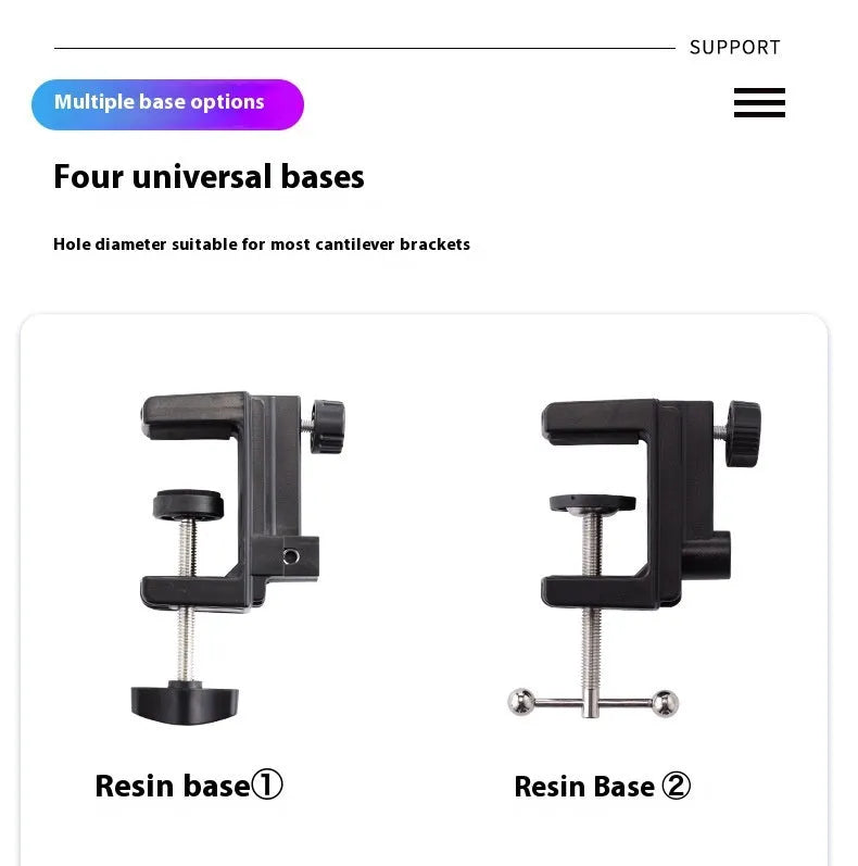 Black foldable metal desktop lazy bracket with tablet clip, showing 360-degree rotation and adjustable cantilever arm