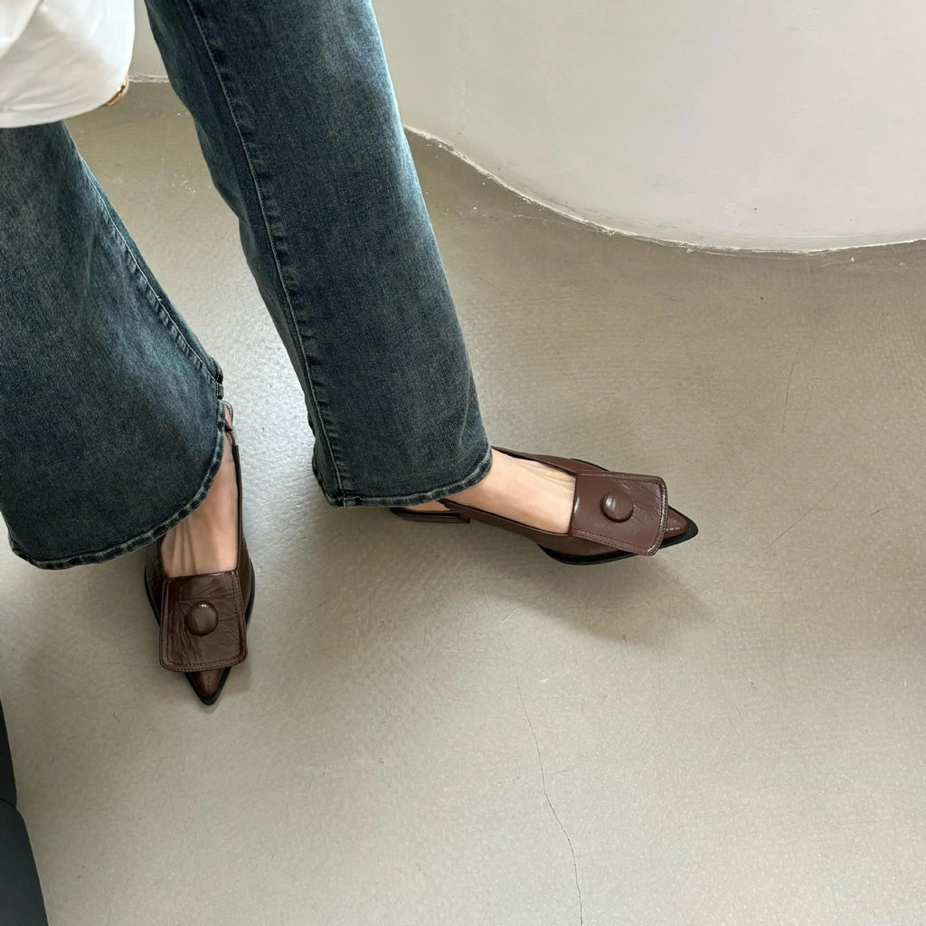 Women's low heel sandals with pointed closed toe and back strap in apricot colour