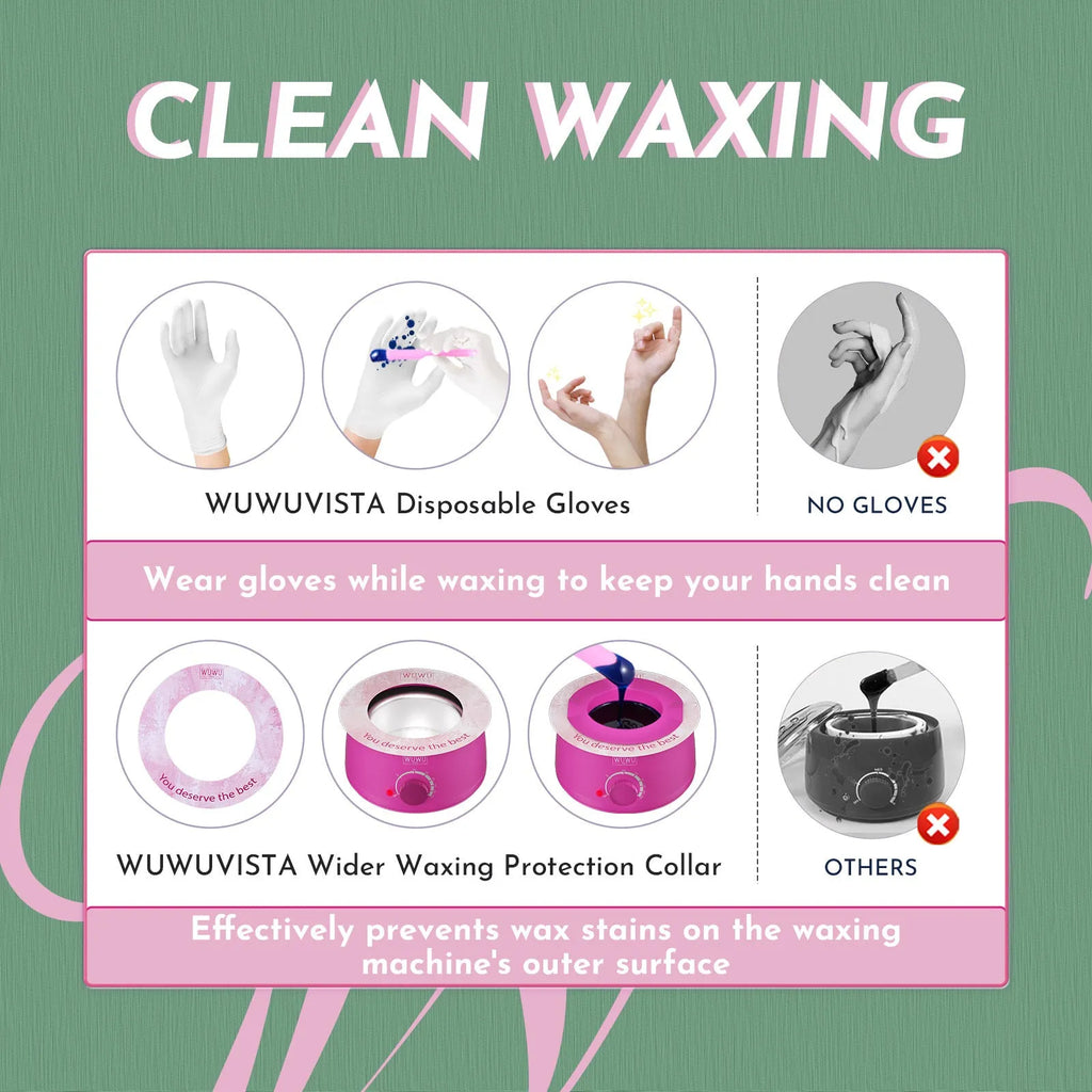 WUWUVISTA waxing kit with black smart warmer, wax beads, silicone tools, applicators, and aftercare products on a pink background