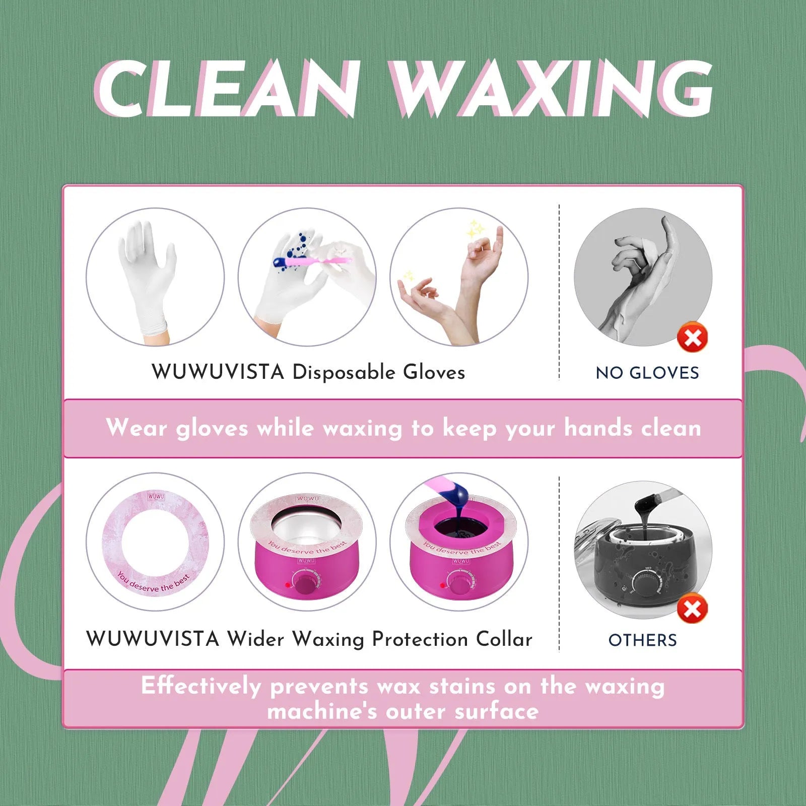 WUWUVISTA waxing kit with black smart warmer, wax beads, silicone tools, applicators, and aftercare products on a pink background
