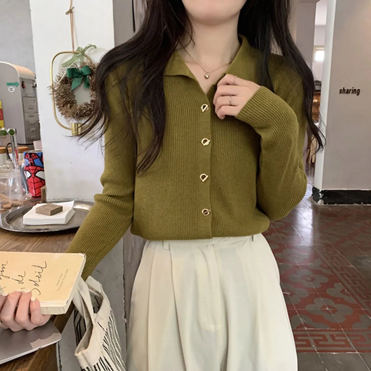 Long-sleeved viscose cardigan in loose fit showing oatmeal colour option with regular sleeves