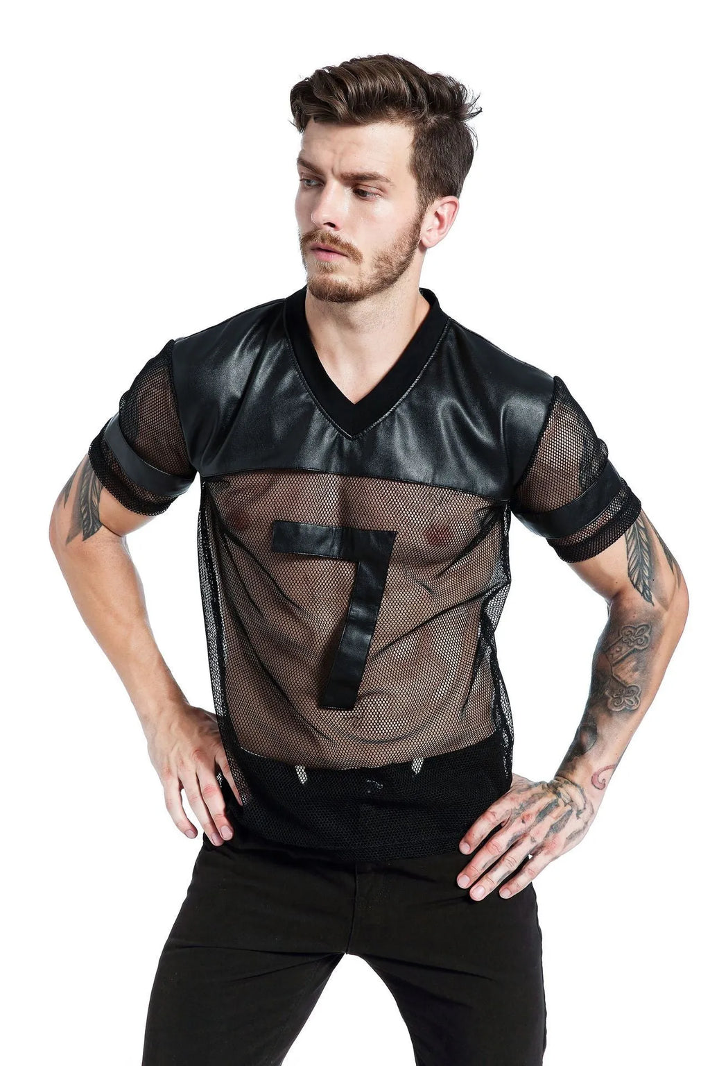 Black men's V-neck mesh sports T-shirt with short sleeves on size chart background