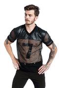 Black men's V-neck mesh sports T-shirt with short sleeves on size chart background