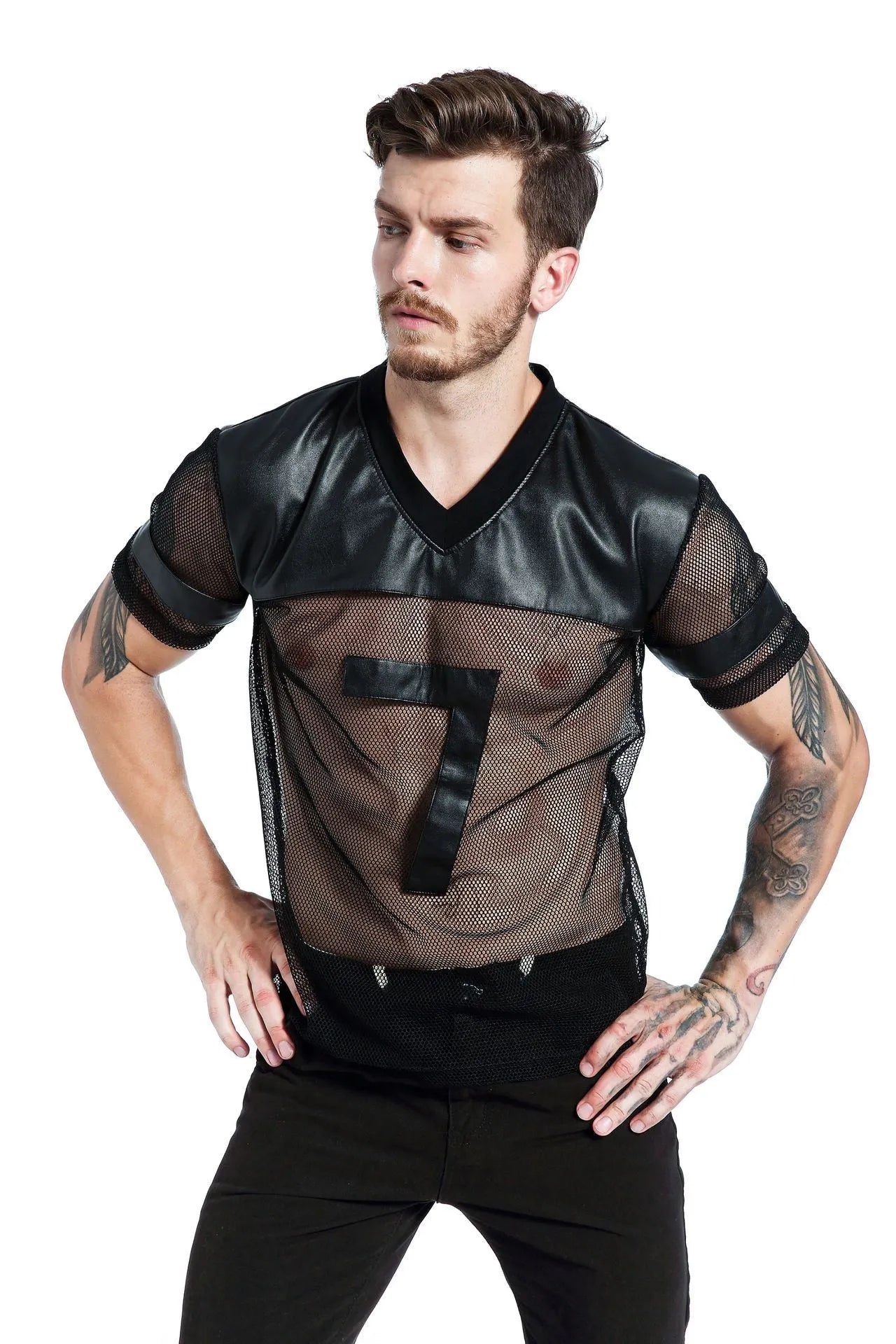 Black men's V-neck mesh sports T-shirt with short sleeves on size chart background
