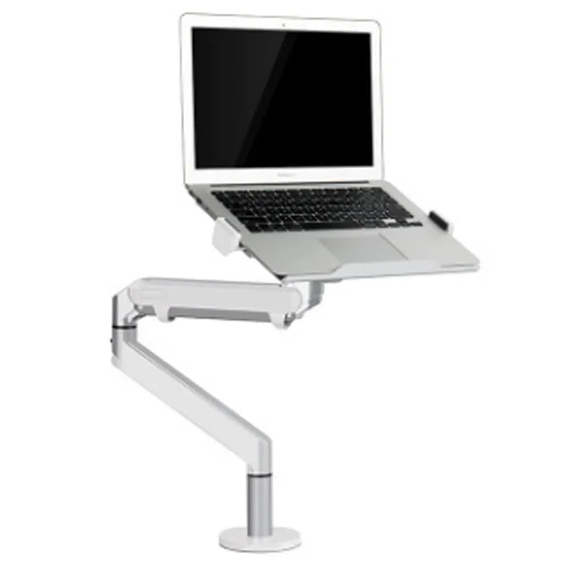 Silver aluminium alloy laptop stand with adjustable height and 360-degree rotation on a wooden desk