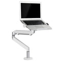 Silver aluminium alloy laptop stand with adjustable height and 360-degree rotation on a wooden desk