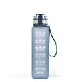 Clear 1000ml Tritan sports water bottle with blue lid and infuser inside, showing measurements.