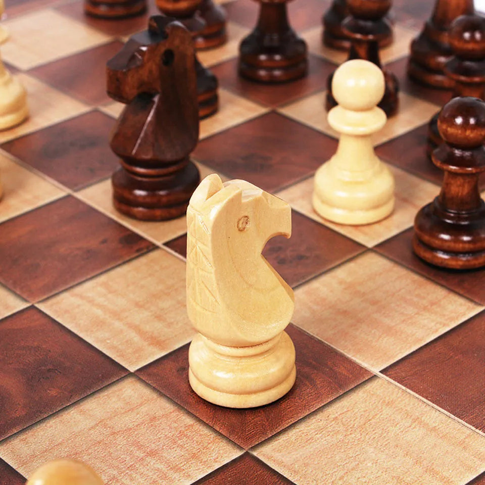 3 in 1 wooden chess checkers and backgammon travel board game set with five board sizes