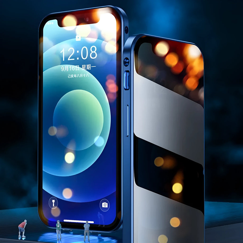 Glass phone case with double-sided buckle for iPhone 11 to 15 series, available in four colours