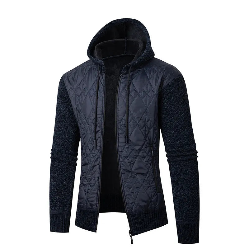 Men's grey hooded sweater coat with cinched style, wool and corduroy fabric, for winter leisure wear.