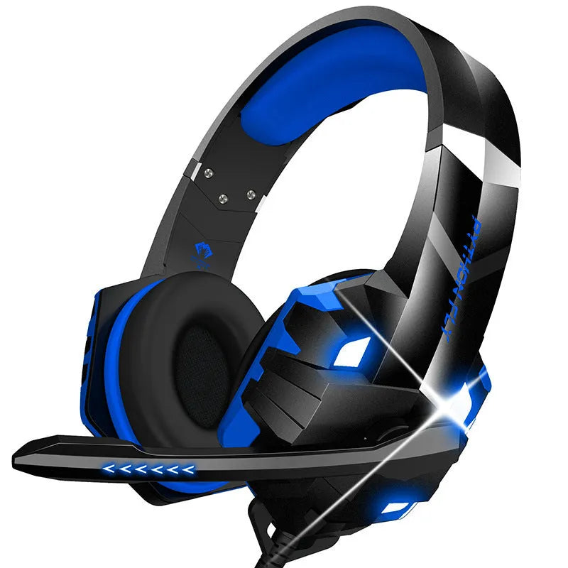 Wired gaming headset with microphone and breathing light in blue colour showing 3.5mm plug