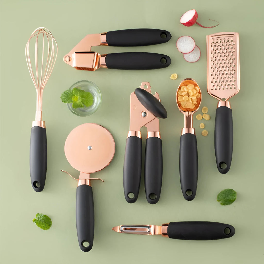Seven-piece stainless steel kitchen utensil set in rose gold, mint green, pink, white, black, grey, or blue colour options