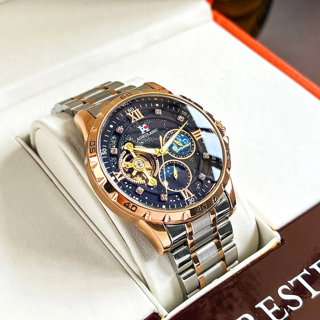Automatic mechanical men's watch with rose gold shell, black surface, and large 42mm dial