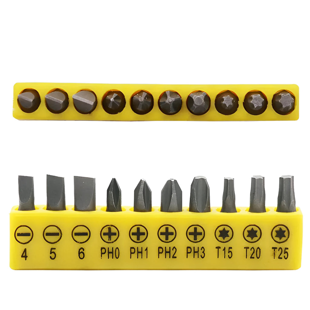 L-shaped double-headed steel socket wrench with ten hex screwdriver bits laid out.