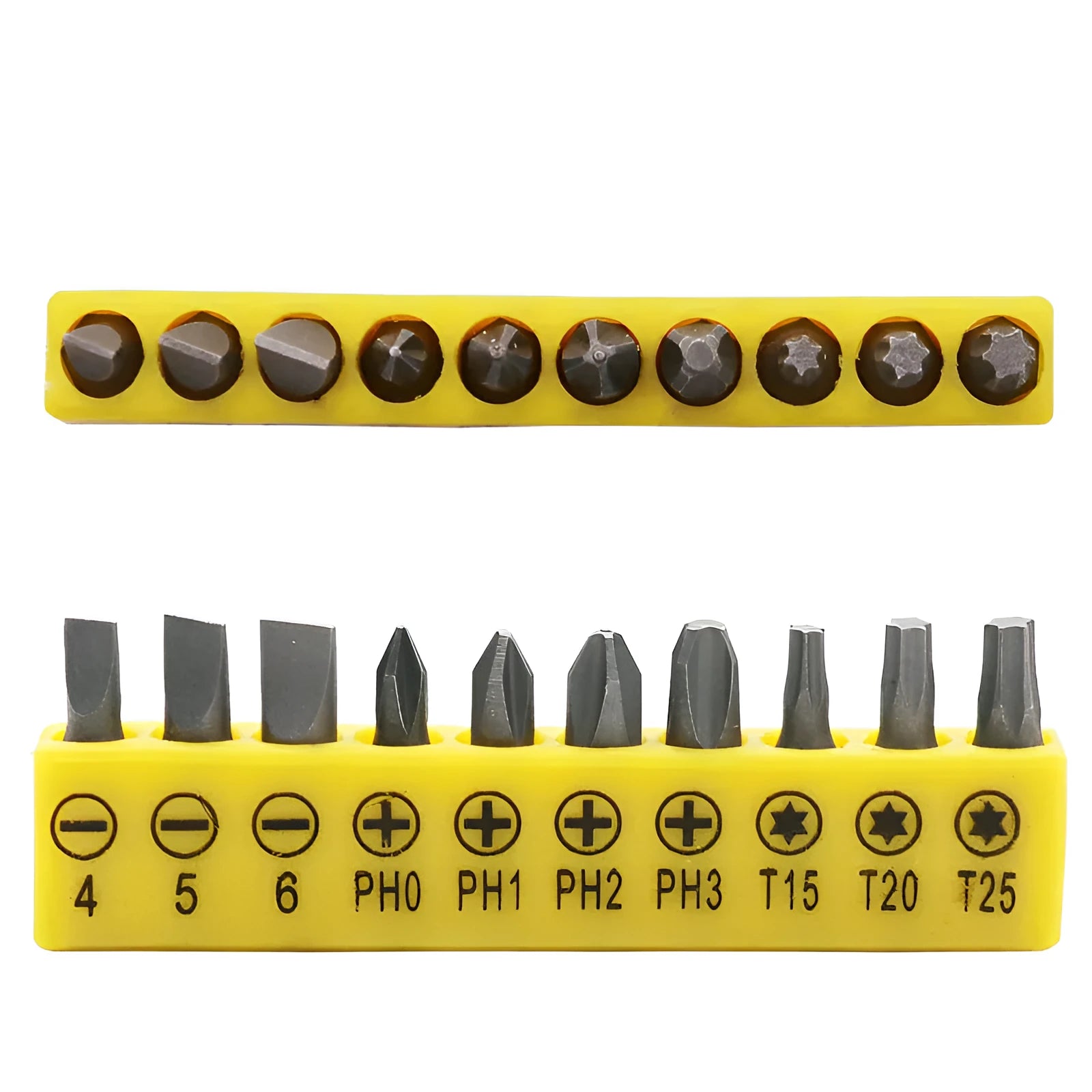 L-shaped double-headed steel socket wrench with ten hex screwdriver bits laid out.