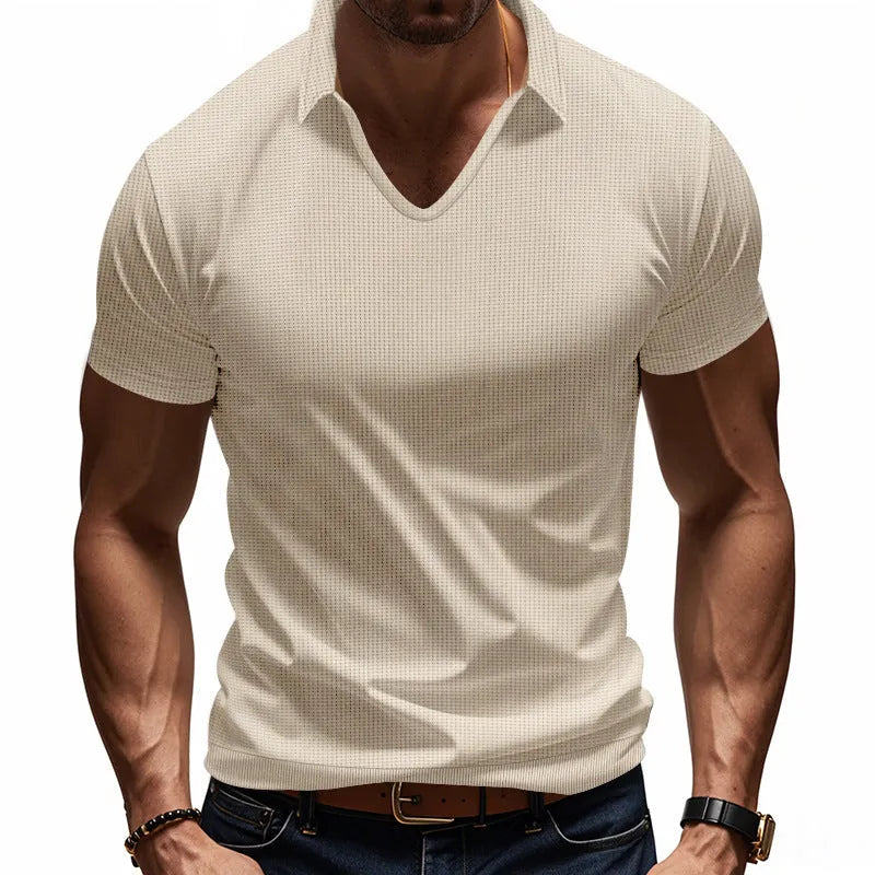 Men's V-neck short sleeve top in loose fit with solid colour options including Army Green and apricot