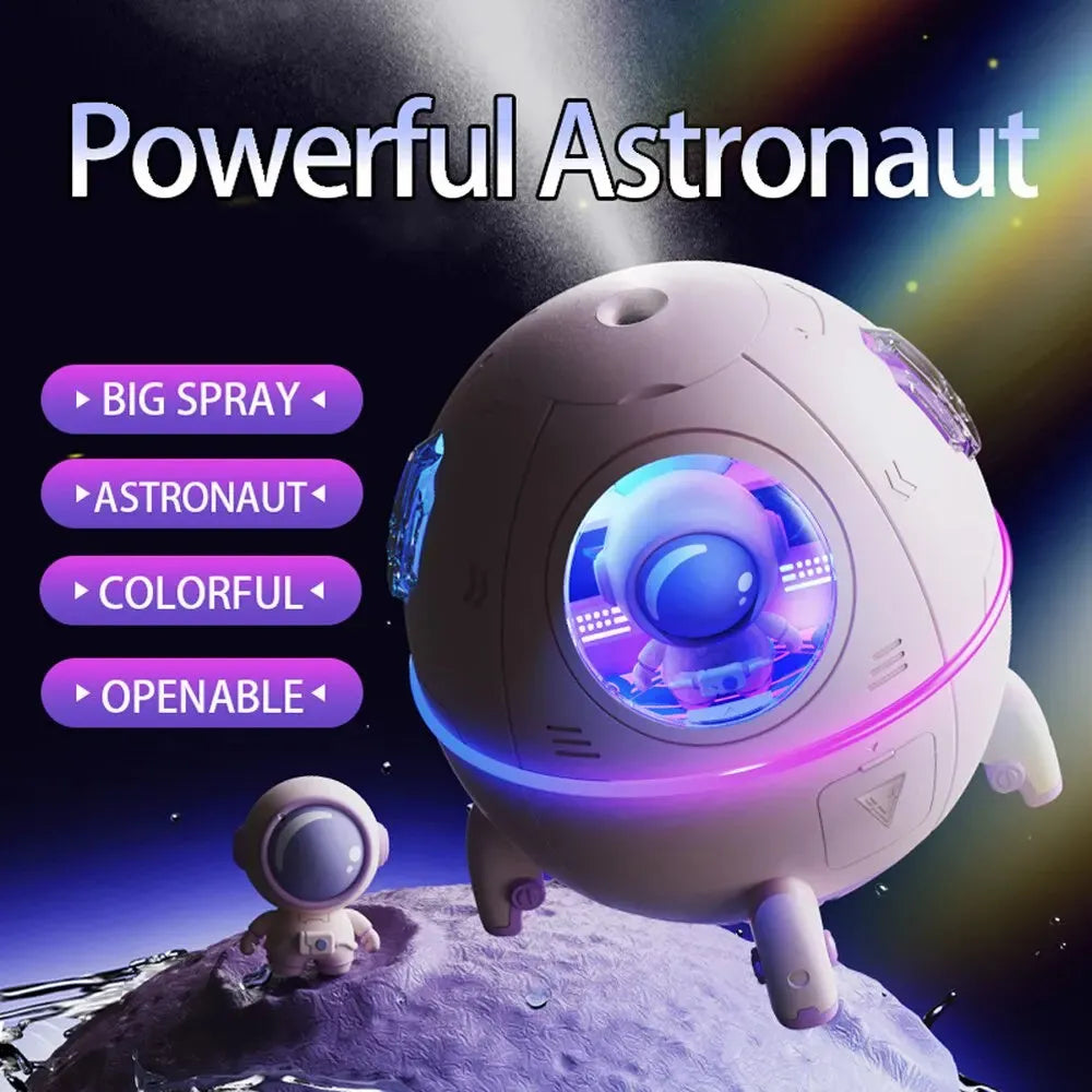 Light purple portable USB desktop humidifier with colourful LED light, 110mm size, on a desk