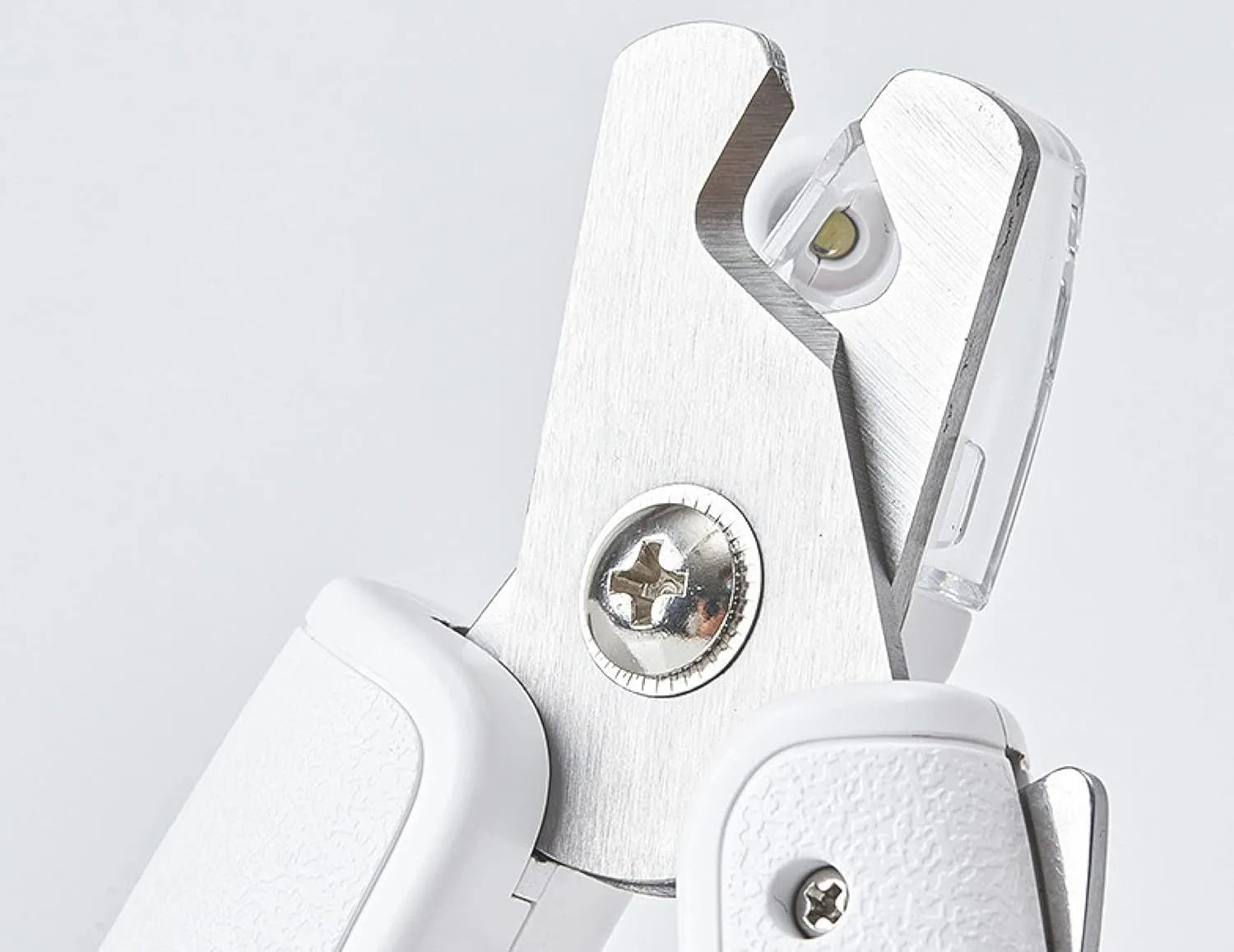 White LED pet nail clippers with transparent baffle and file, 14.8cm long