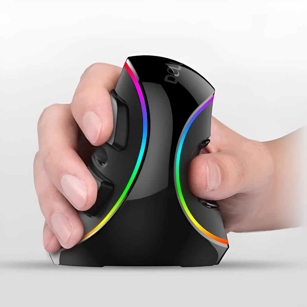Vertical ergonomic wired computer mouse with RGB lighting, shown in a handshake grip position.