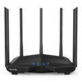 Black AC11 gigabit wireless router with four network ports and UK power plug