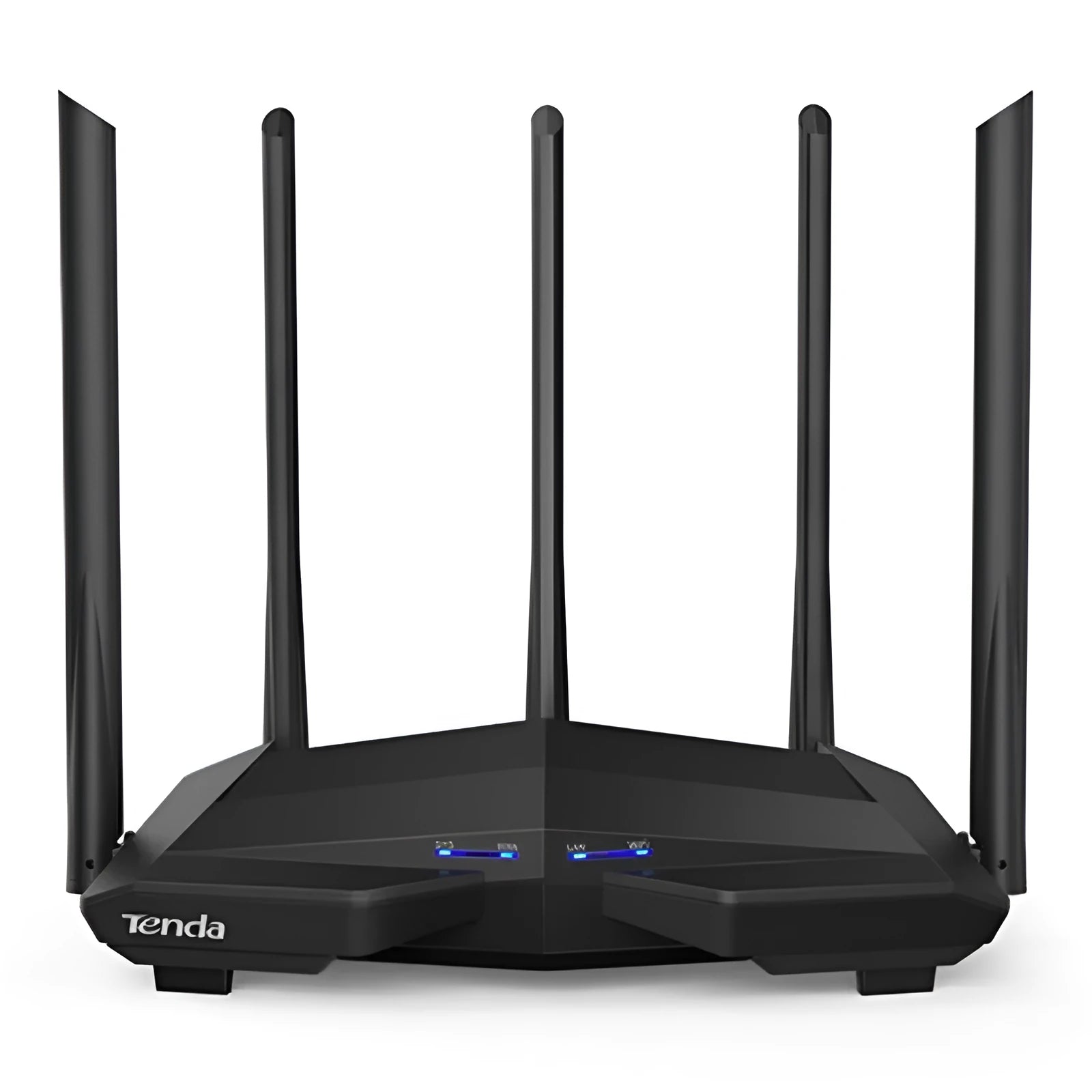 Black AC11 gigabit wireless router with four network ports and UK power plug