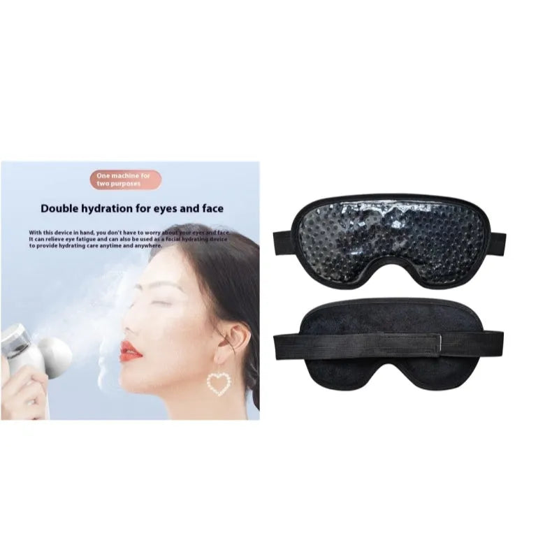 White portable eye therapy device with attached eye mask, showing USB-C charging port and temperature control buttons