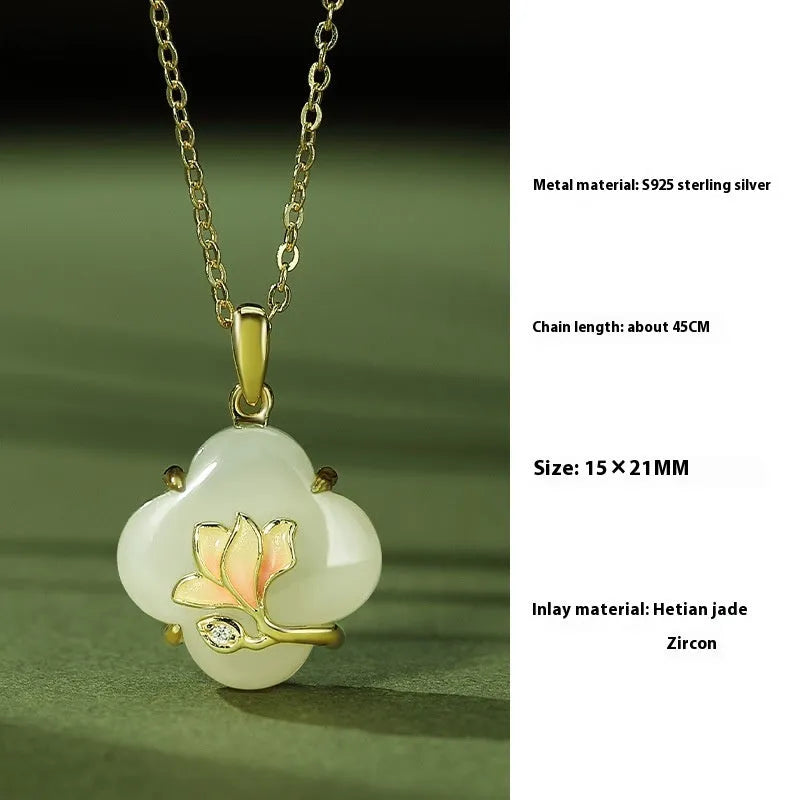 Women's S925 sterling silver necklace, bracelet, and earring set with magnolia flower pendant and inlaid Hetian jade.