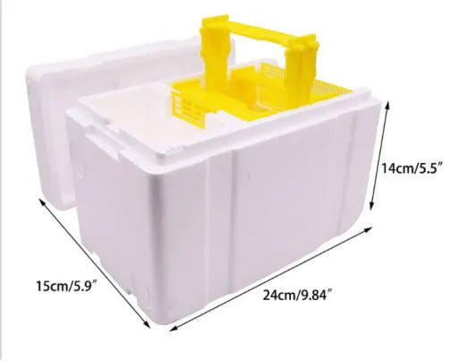Three white EPS foam bee delivery boxes for queen bee transport, each measuring 20x15x10cm