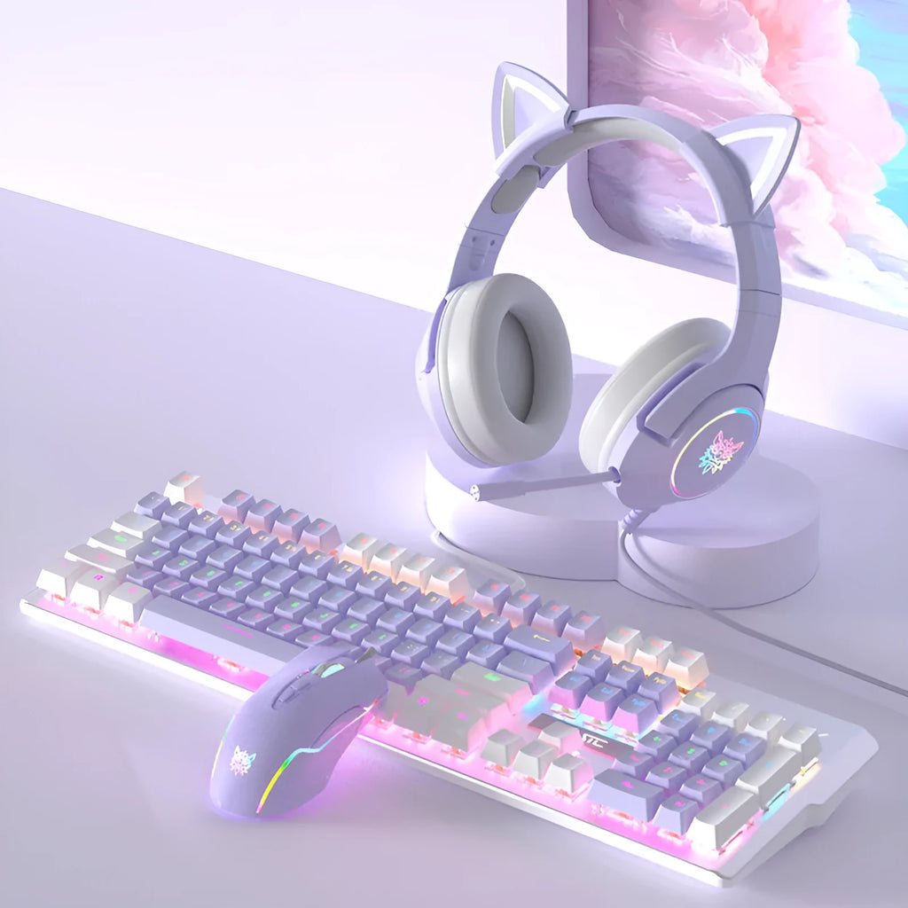 Purple and white mechanical keyboard and mouse wired set with RGB backlight illumination