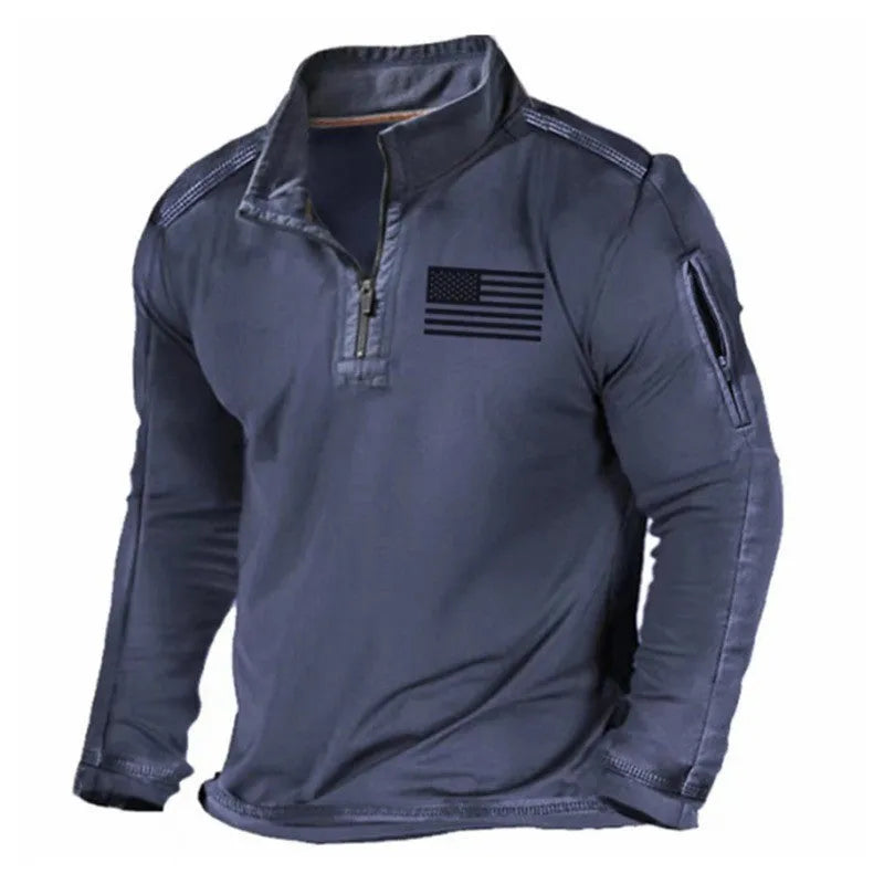 Men's grey zipped collar long-sleeved polyester sweater laid flat showing stand collar and pullover design