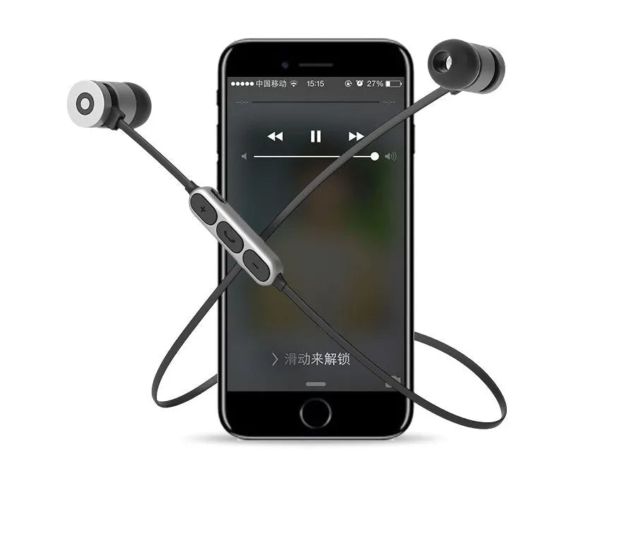 Black wireless sports Bluetooth headset with neckband design and magnetic in-ear earpieces