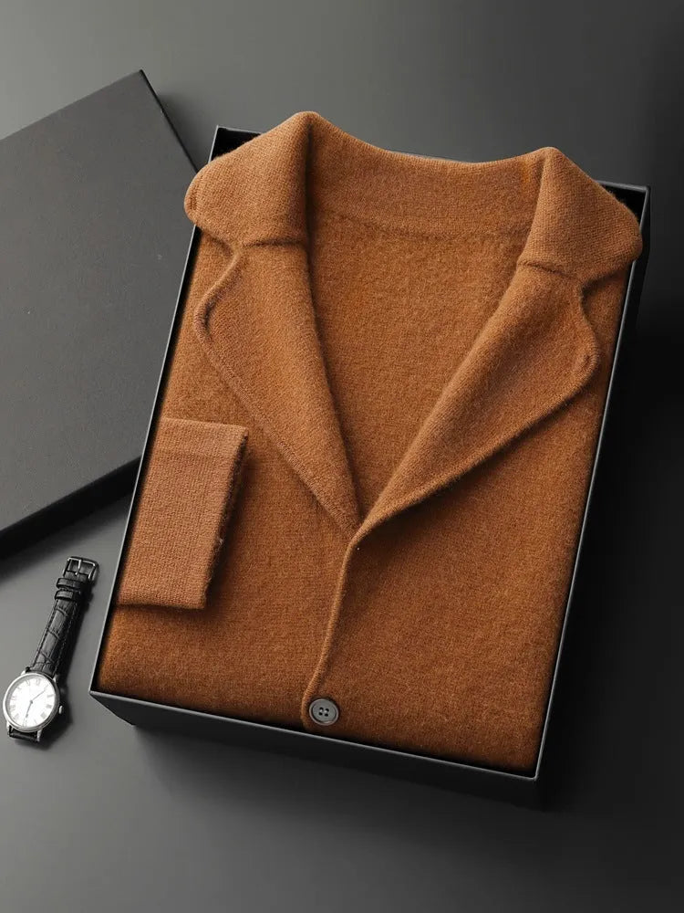 Men's loose fit cashmere cardigan knitted jacket in a solid colour on a neutral background