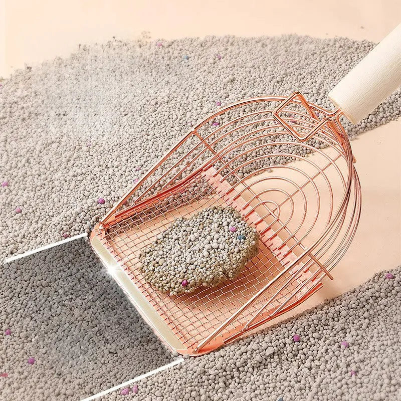 Stainless steel cat litter scoop with a long wooden handle shown in arc, linear, and square designs.