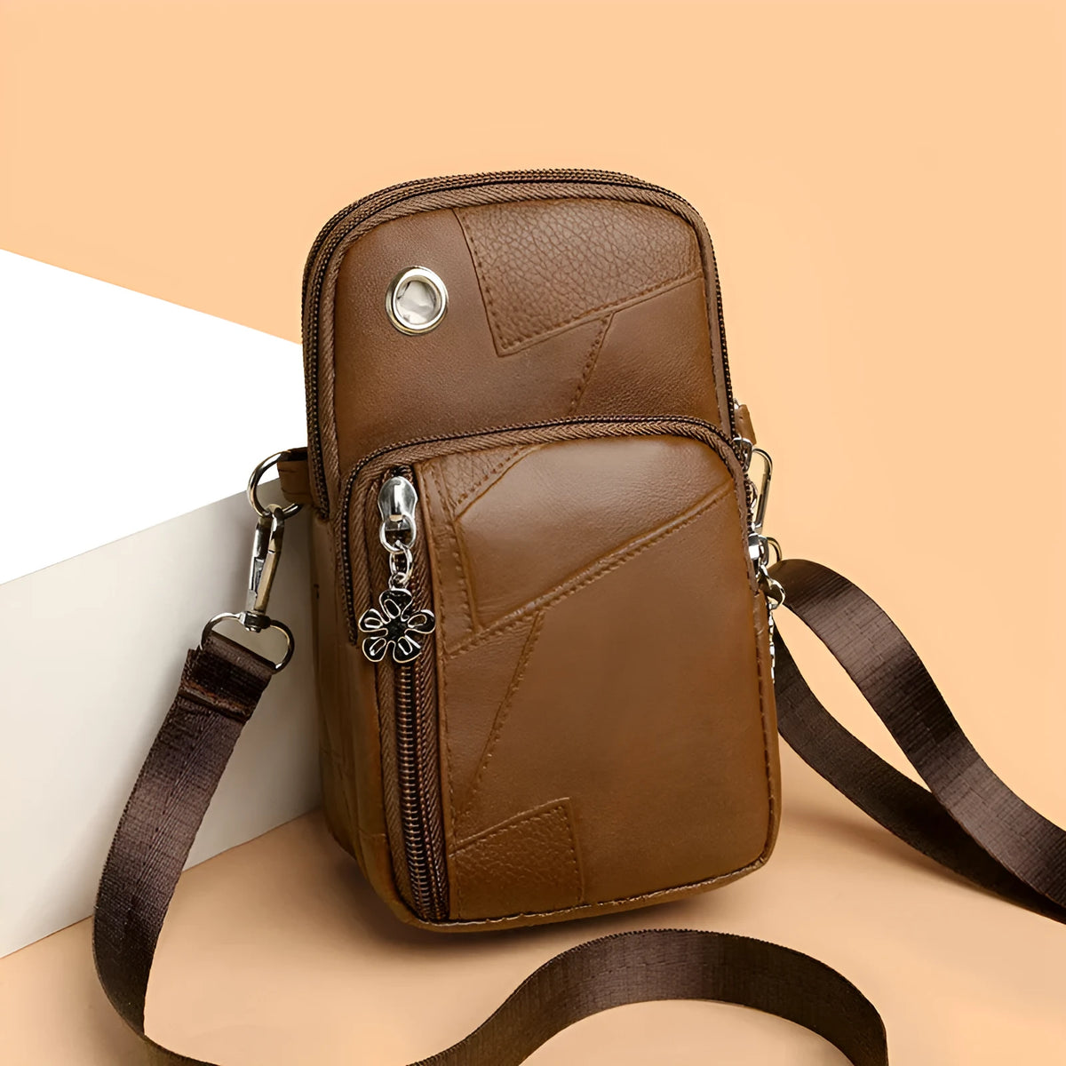 Mini vertical phone crossbody bag in PU leather with sandwich pockets, shown in available colours