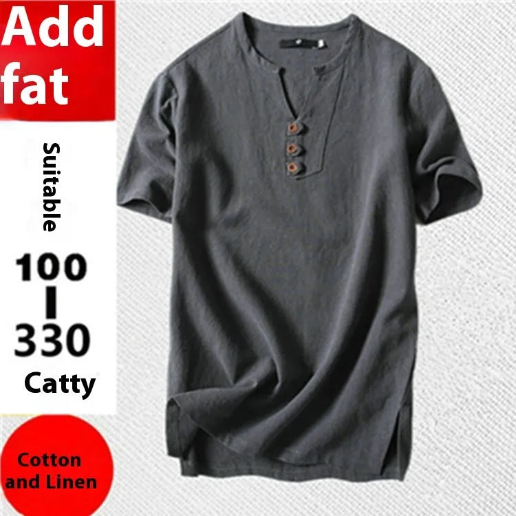 Man wearing a loose apricot coloured cotton linen blend t-shirt, showing the relaxed short sleeve pullover style.