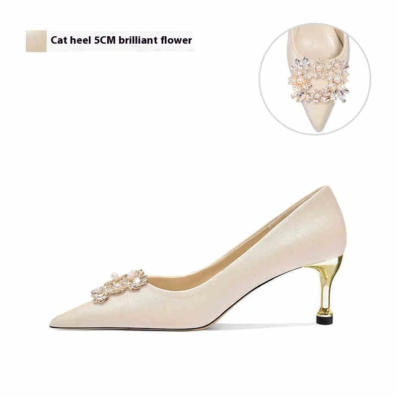 French wedding crystal bridal high heels with rhinestones on cloth upper, pointed toe, and choice of stiletto or cat heel in 5cm or 8cm heights