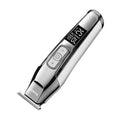 Barber scissors with LCD display showing rechargeable KM-5027 model with stainless steel tool head