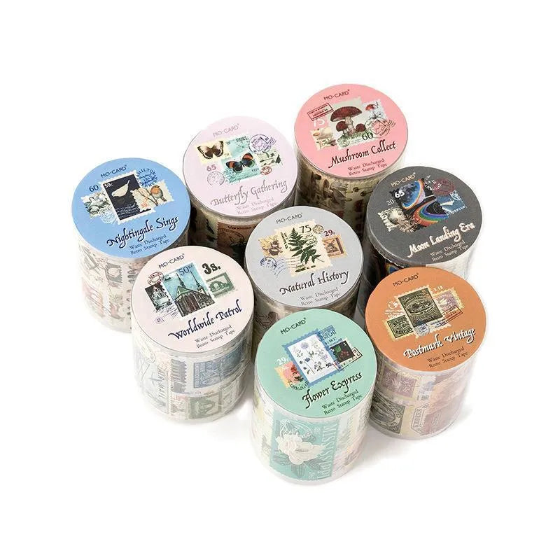 Retro DIY coated paper stamp roll with butterfly, forest, bird, and mushroom designs, 55mm wide and 2m long