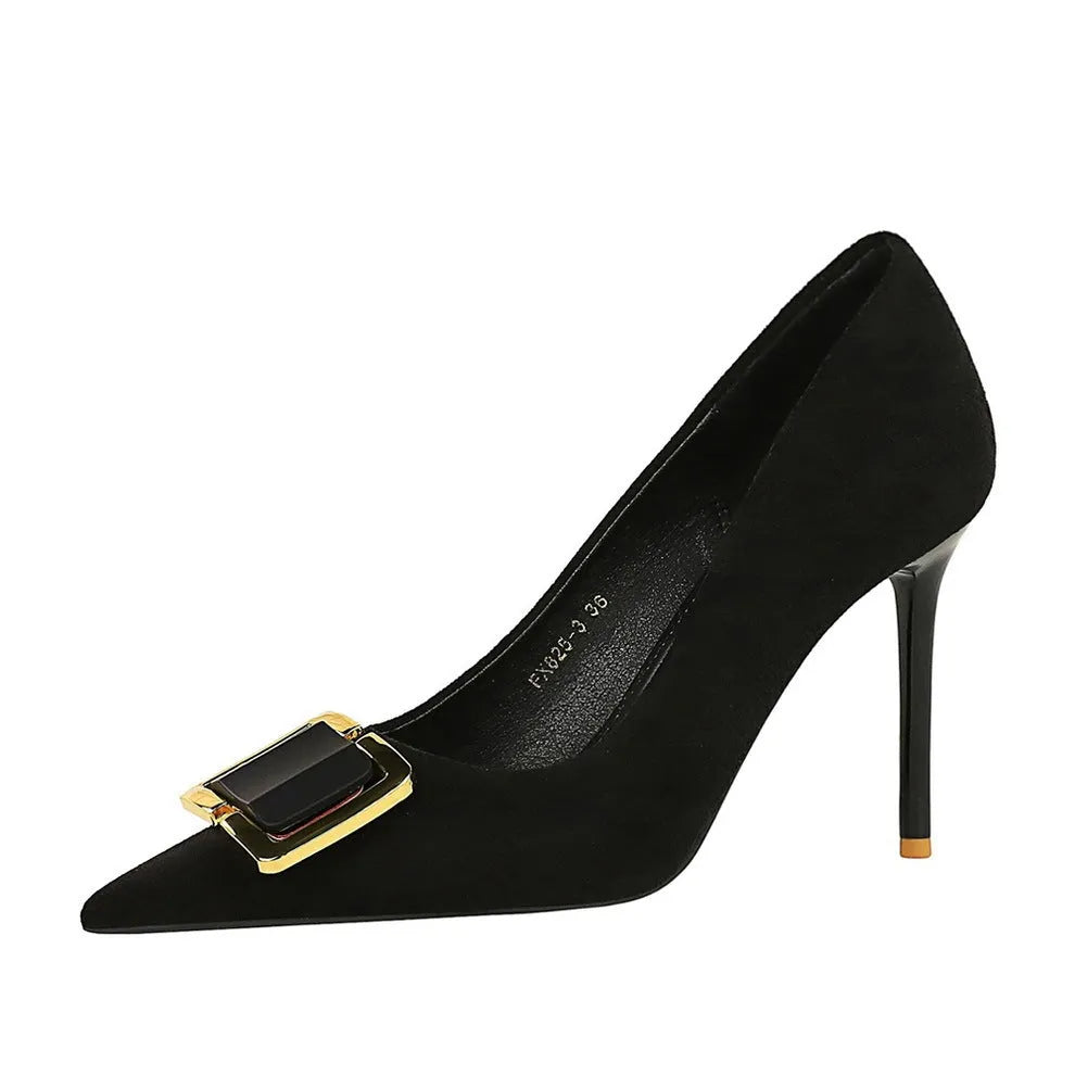 Black women's stiletto heel shoes with suede upper and 9cm heel height