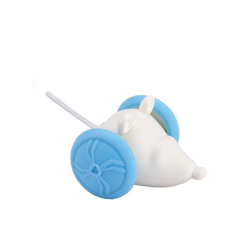 Electric self-moving cat toy mouse in blue technical design with remote control on hard floor surface
